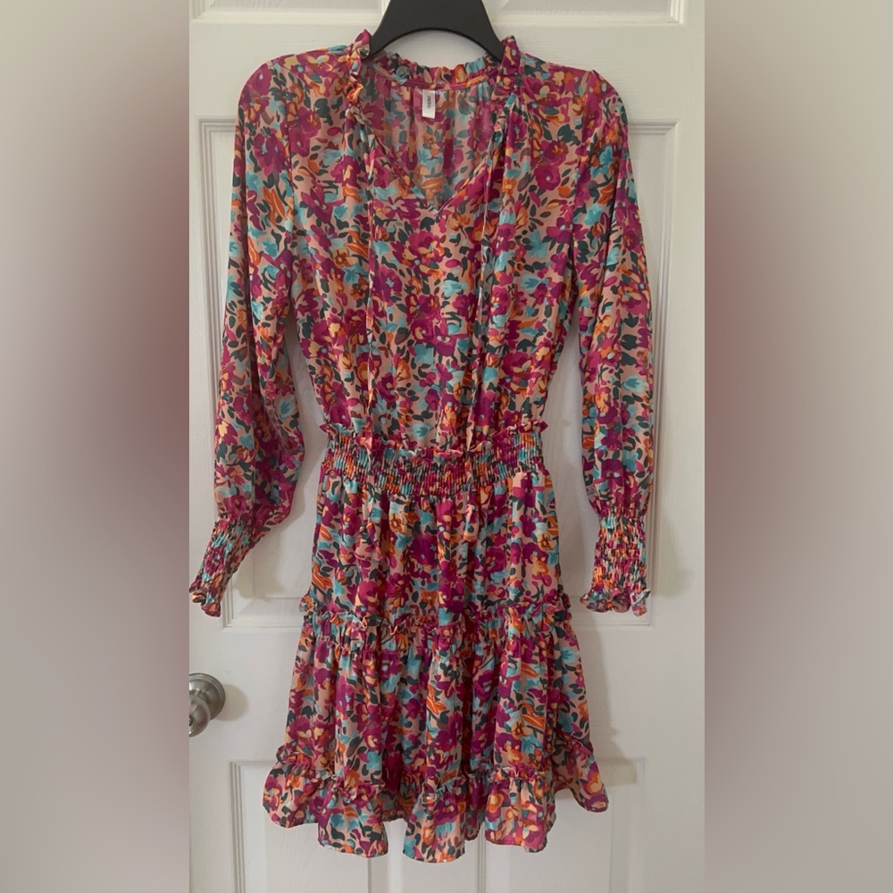 Floral Ruffle Smock-Waist Mini Dress in Multi-Color - Picture 4 of 12